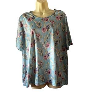 Blair 2XL Blue Floral Print Knit Top Vintage Short Sleeves